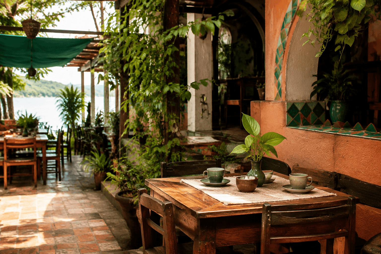 Patio tropical de un café junto al lago